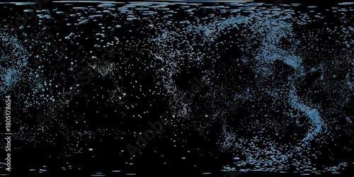 4K 360VR abstract particle field with floating blue spheres on a dark immersive video background.