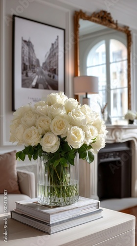 Beautiful White Roses Arranged in a Clear Vase on a Coffee Table in a Bright ...