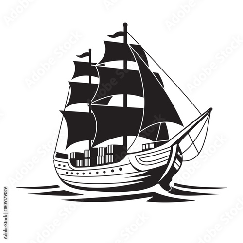 Vintage Sailing Ship Silhouette - Black Pirate Galleon Vector Icon
