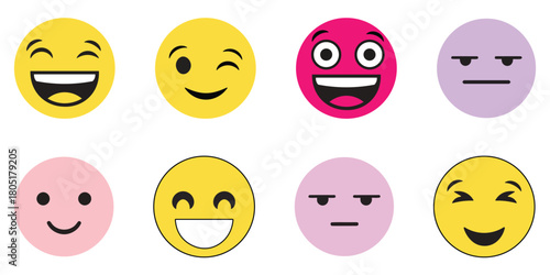 Collection of eight cartoon egg shaped emoji faces with different expressions