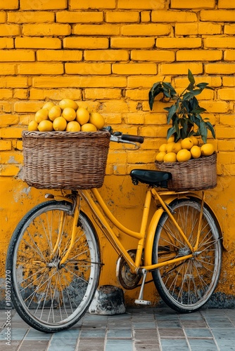Bright Yellow Bicycle Decorated With Orange Baskets Against a Vibrant Brick Wall