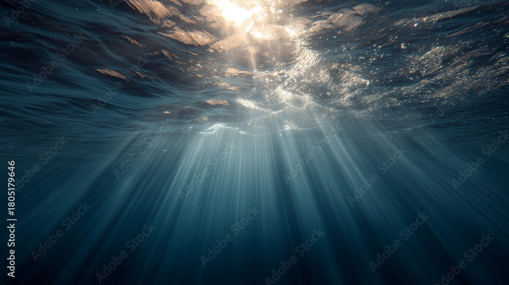 Fototapeta premium Underwater light rays breaking through ocean surface marine environment aerial view concept of tranquility and depth