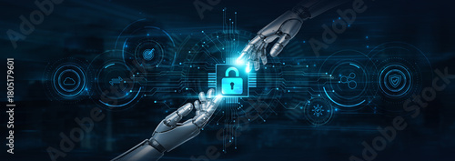 Quadro em tela Hold on, robot hands protect Privacy and futuristic interface, securing sensitive information