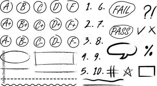 Handwritten school grades and symbols for education and assessment