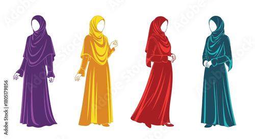 Four women depicted wearing different colored traditional islamic hijabs and abayas