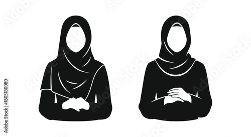Two silhouettes of women wearing hijabs depicted in a simple black and white style