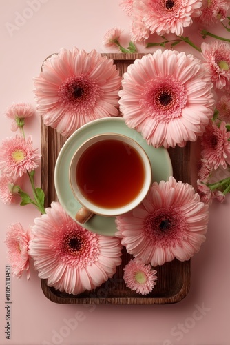 Coffee Cup Surrounded by Pink Flowers on a Wooden Tray