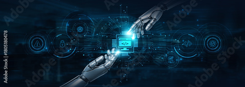 Tableau sur toile Hold on, robot hands drive Web development and futuristic interface, building interactive platforms