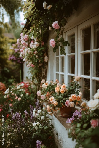 Colorful Roses Bloom Beside a Cozy Cottage During a Sunny Afternoon in a Sere...
