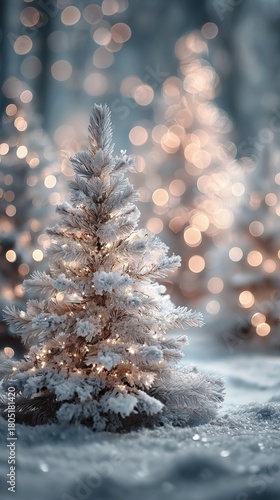 Winter Wonderland Scene With a Snowy Christmas Tree and Glowing Lights in a F...