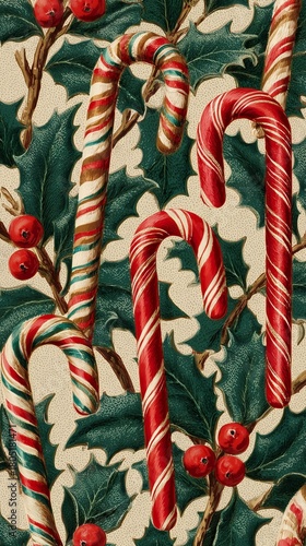 Colorful Candy Canes and Holly Leaves Create a Festive Holiday Decoration Scene