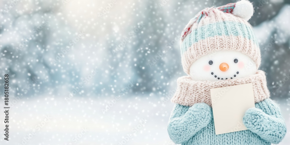 Naklejka premium Cute smiling snowman holding letter in his hands. Christmas card, postcard and banner concept.