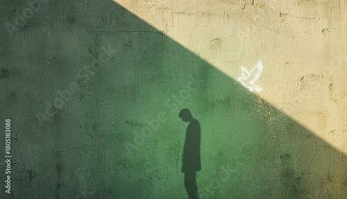 Silhouette casts shadow on wall as dove symbol inspires hope and peace