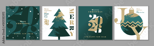Merry Christmas and Happy New Year 2026 modern greetings set. Creative 2026 numbers, christmas tree and xmas ball. Joy to the world, vector design for season banners or posters
