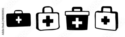 Hand-drawn first aid kits with medical cross symbol icons