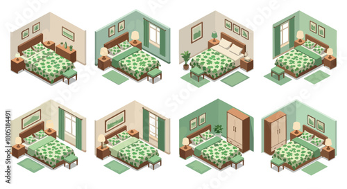 Bedroom interiors isometric set with furniture