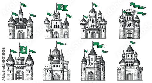 Medieval castle set with green flags