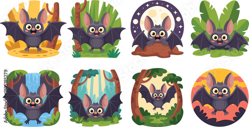 Eight cartoon bats in different natural environments and playful poses Keywords: bat, flying mammal, animal, wildlife, cartoon, illustration, cute, character, hanging, sitting, forest, jungle