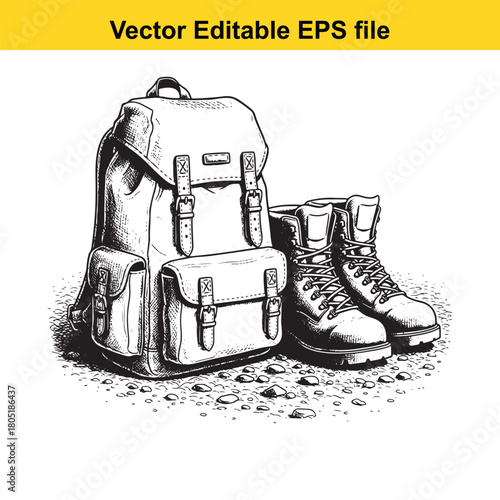 Hiking backpack and boots, outdoor adventure gear, isolated on