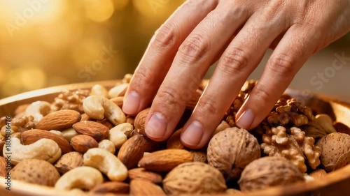 Reaching for healthy nuts a tasty snack with almonds, cashews, and walnuts providing energy in a natural, vibrant, and delicious way