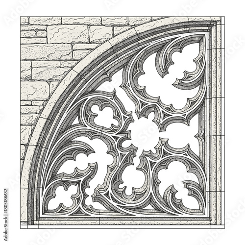 Intricate architectural detail featuring a section of a Gothic window design, showcasing ornate tracery and stonework with a corner view.
