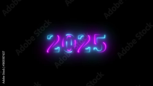 New year 2025 text icon animation glowing neon pink and blue color number anniversary template banner sign signboard holiday code digit rectangle box font letter word on black background