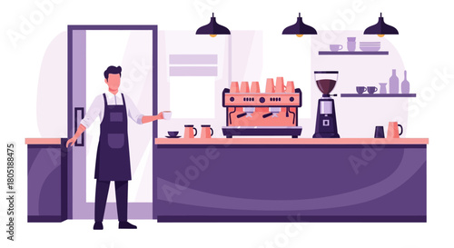 Professional barista character standing in a modern coffee shop interior with an espresso machine and equipment for making drinks