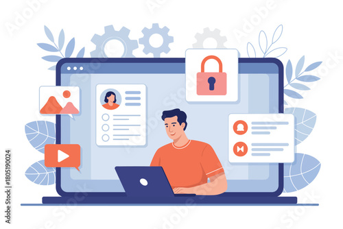 A man works on a laptop in front of a large screen displaying user profiles, media, and security icons.