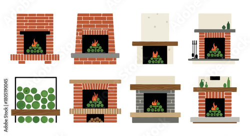 Fireplace set collection with logs and flames