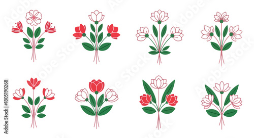 Floral elements collection in flat style with transparent background