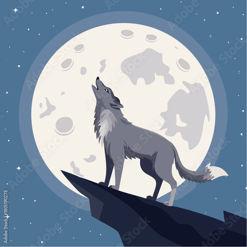 A striking illustration depicts a wolf howling at a large, bright full moon.