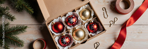Top-down flat lay of an open cardboard box with Christmas baubles  