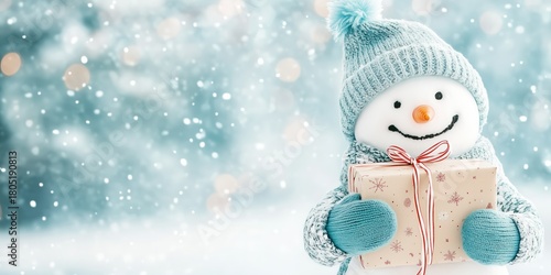 Cute snowman standing in the snowdrift in the forest. Xmas card and poster concept.