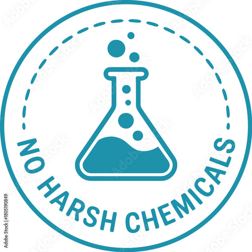 No Harsh Chemicals clean product label icon in teal blue circle with dashed line and laboratory flask symbol for natural and safe formulas