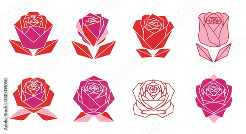 Geometric rose flower icons in pink and red hues