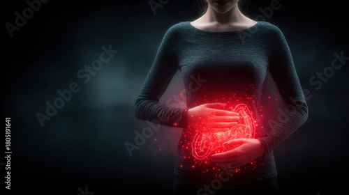 Woman holds her abdomen, female person with holographic red digestive system highlight on dark background, health and stomach theme