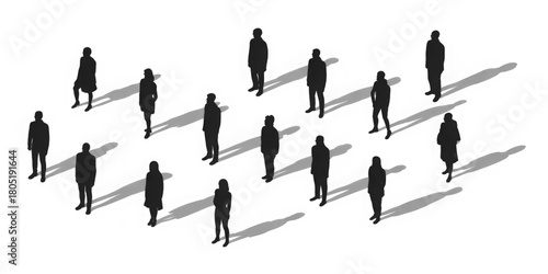 CAD Drawing. Top back view of silhouette diverse people standing and walking isolated on white background. Vector illustration.