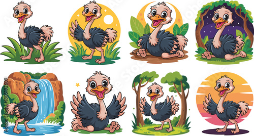 Set of Adorable Cartoon Ostriches in Diverse Natural Environments and Poses bird cute