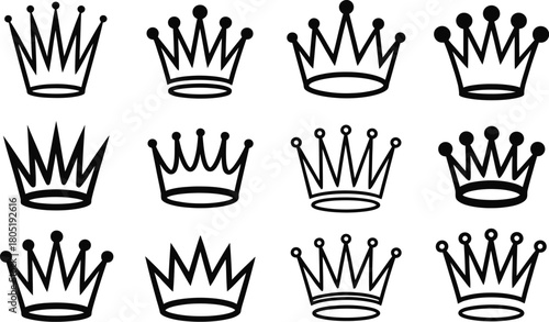 Set of twelve hand drawn crown icons in a doodle sketch style perfect for branding, luxury kids decor, or royal event invitations