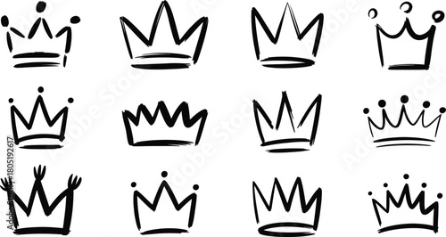 Set of twelve hand drawn crown icons in a doodle sketch style perfect for branding, luxury kids decor, or royal event invitations