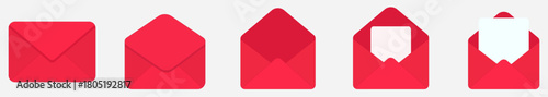 Red envelope icons set with open and closed mail symbols for message, email, and communication design. Envelope icon collection. Messaging envelope shapes. envelope, mail, send, vector, icon