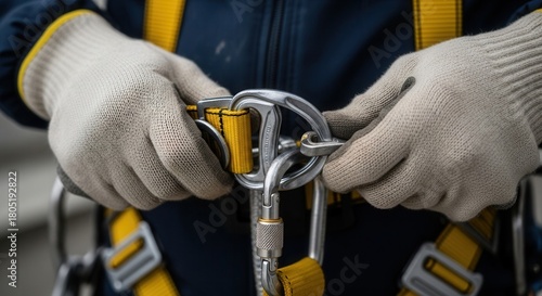 Fototapeta Naklejka Na Ścianę i Meble -  Close-up of gloved hands securing a metal carabiner on a yellow safety harness. This image conveys professionalism, preparation, and workplace safety. Perfect for industrial topics.
