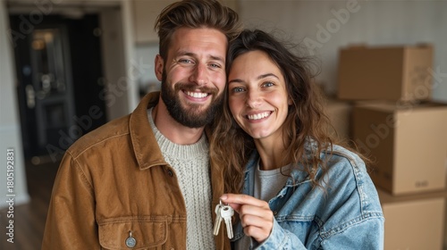 Happy caucasian couple celebrating new home purchase with keys and moving boxes in background