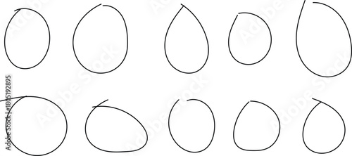 Collection of ten irregular dashed oval and ellipse shapes on a white background representing selection or outline