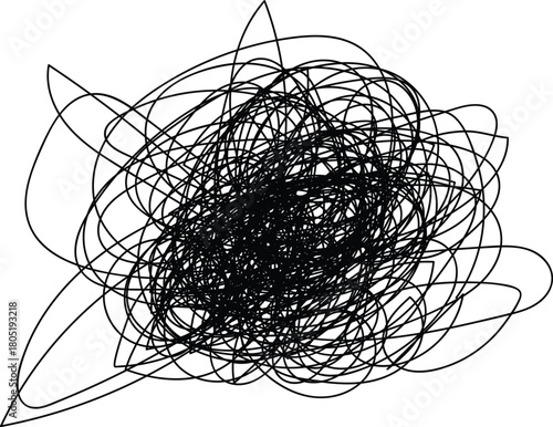 Abstract chaotic black ink scribbles and lines forming a dense tangled pattern on a white background
