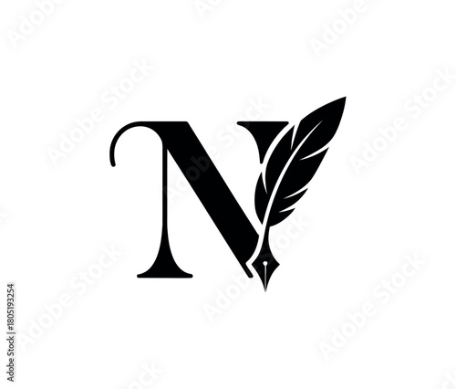 A stylized letter 'N' is depicted with a quill pen integrated into its design.