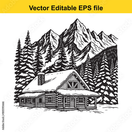 Vintage handdrawn illustration of a log cabin nestled amongst pine trees with snowcapped mountains in the background, vector art
