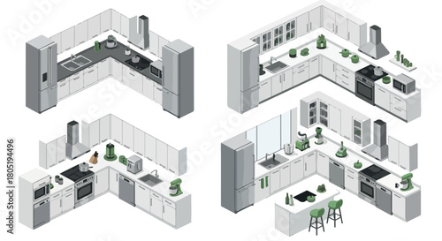 Modern kitchen layouts isometric view