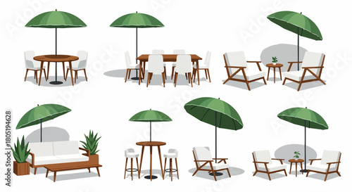 Outdoor cafe furniture with umbrellas and greenery