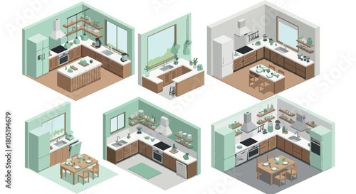Kitchen interiors isometric view set modern style